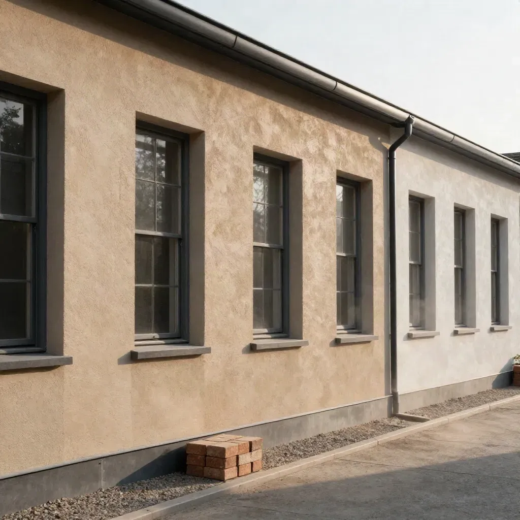 Frisch fertige Klinkerfassade mit tiefen Fensterlaibungen im harten Seitenlicht.