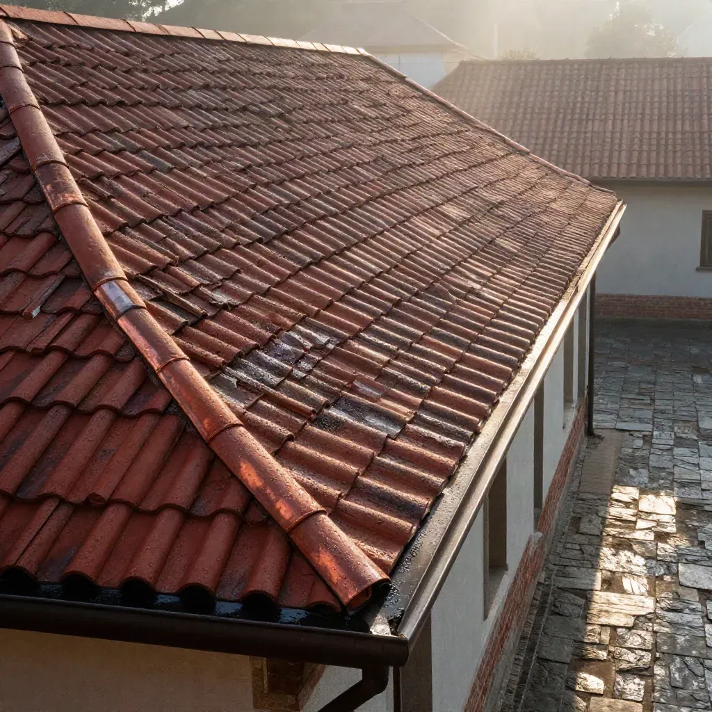 Sanierte Altbaudachfläche aus roten Tonziegeln mit Kupferdetails im Morgenlicht