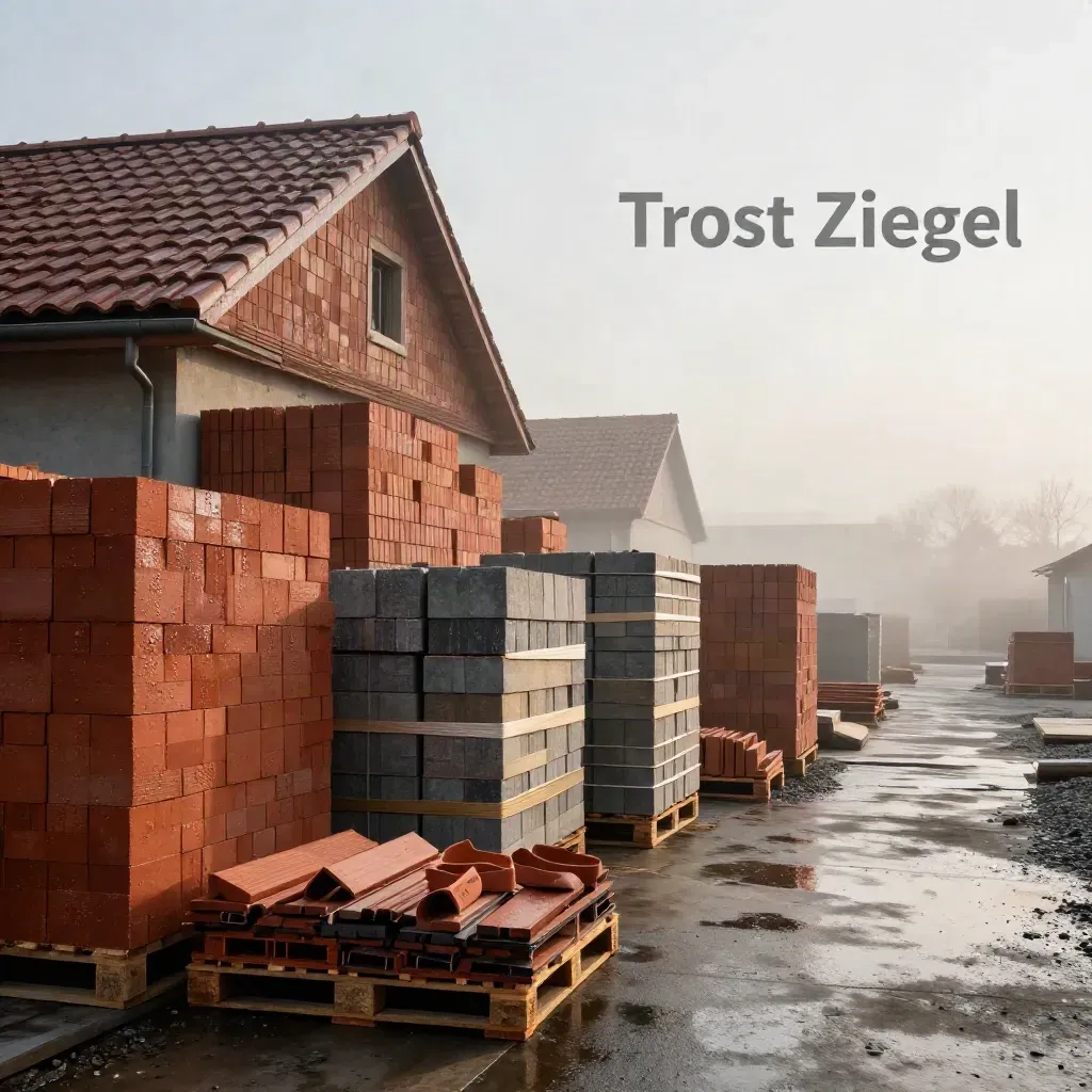Nasser Ziegelhof mit Satteldach, Klinkerpaletten und Mauerziegeln im Seitenlicht