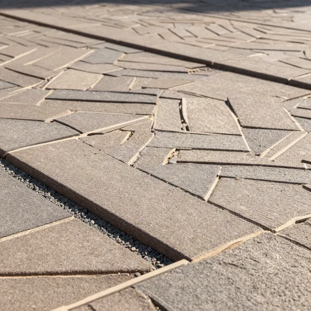 Frisch verlegter Pflasterklinker-Hof im Herringbone-Muster mit Schattenkante