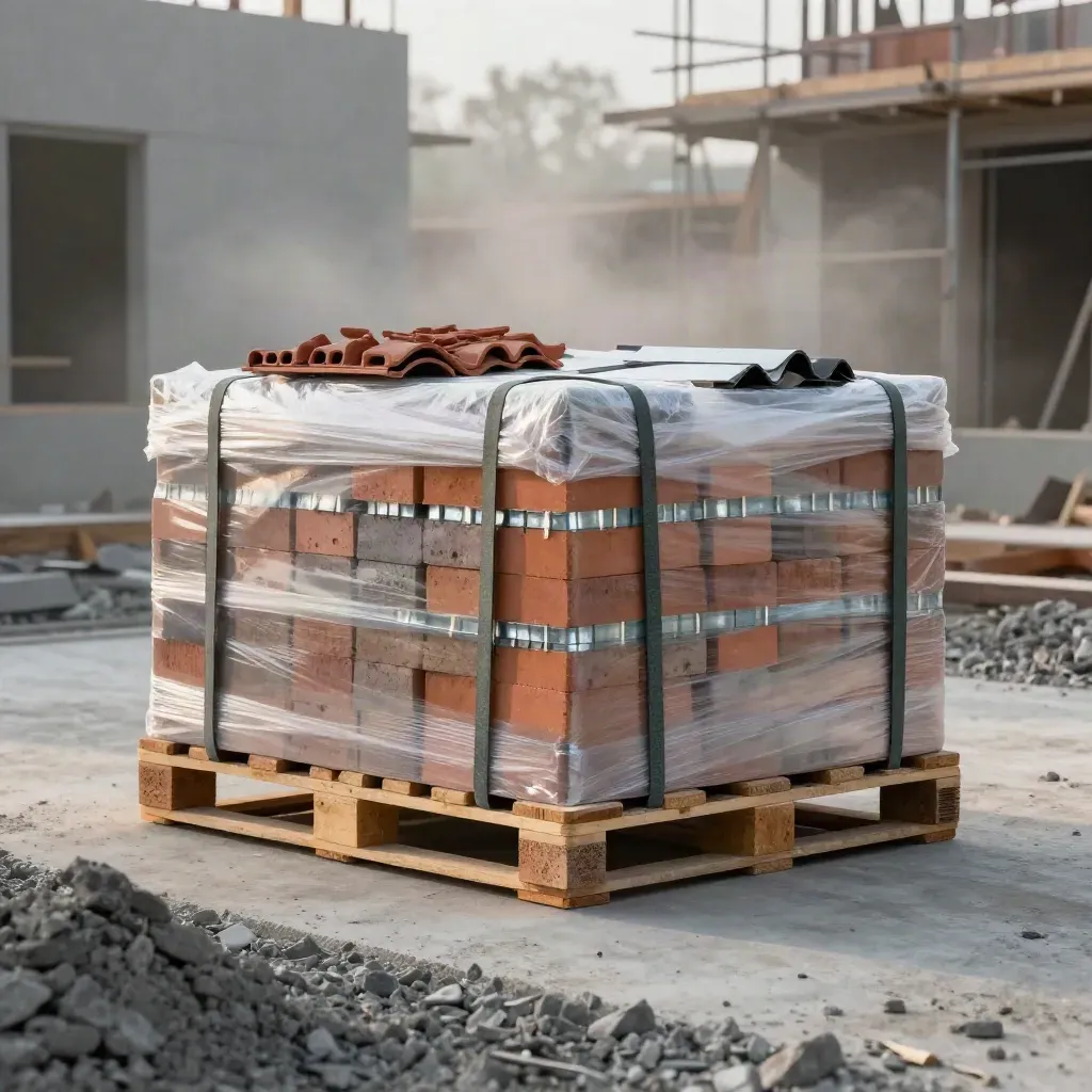 Gebündelte Baustellenlieferung auf Paletten vor einem Neubau im Morgennebel.