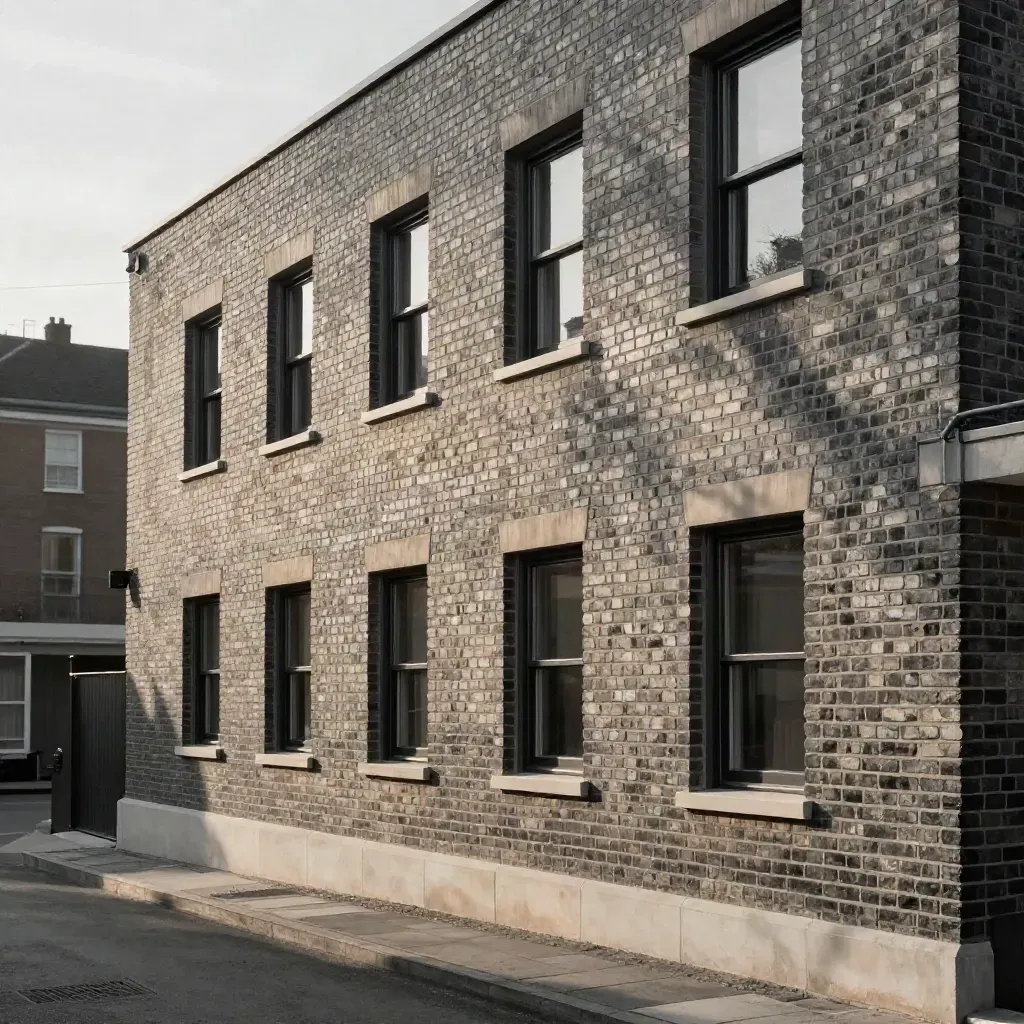 Klinkerfassade eines Mehrfamilienhauses mit rhythmischen Fenstern und präzisem Fugenbild im Seitenlicht.