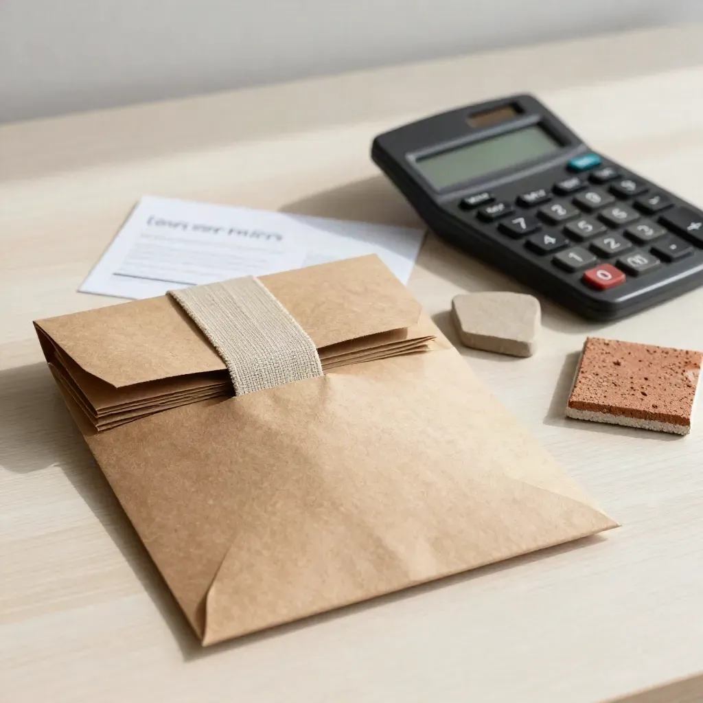 Kraftpapier-Umschlagset mit Taschenrechner und zwei Materialmustern auf hellem Holz.