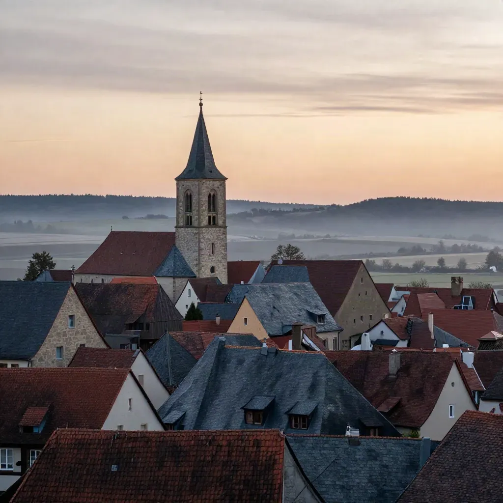 Mittelfranken bei Dämmerung mit Ziegeldächern, Kirchturm und sanftem Talhaze.