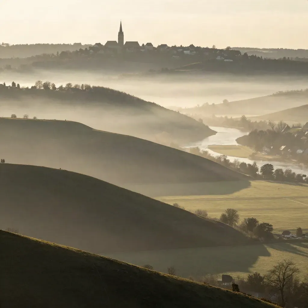 Oberfranken im Morgennebel mit Hügeln und ferner Altstadtsilhouette