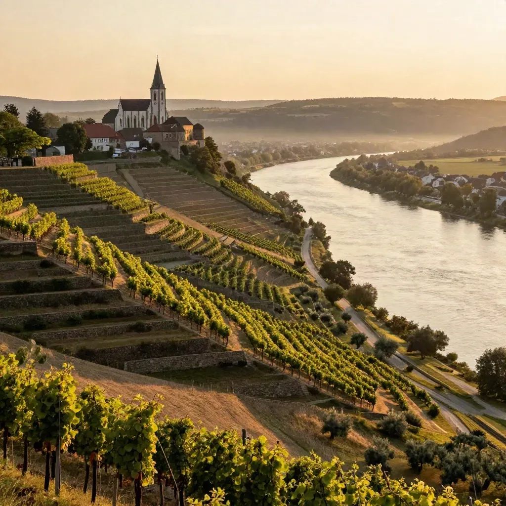 Unterfranken im Abendlicht mit Weinbergen, Main und heller Festungskante am Horizont.